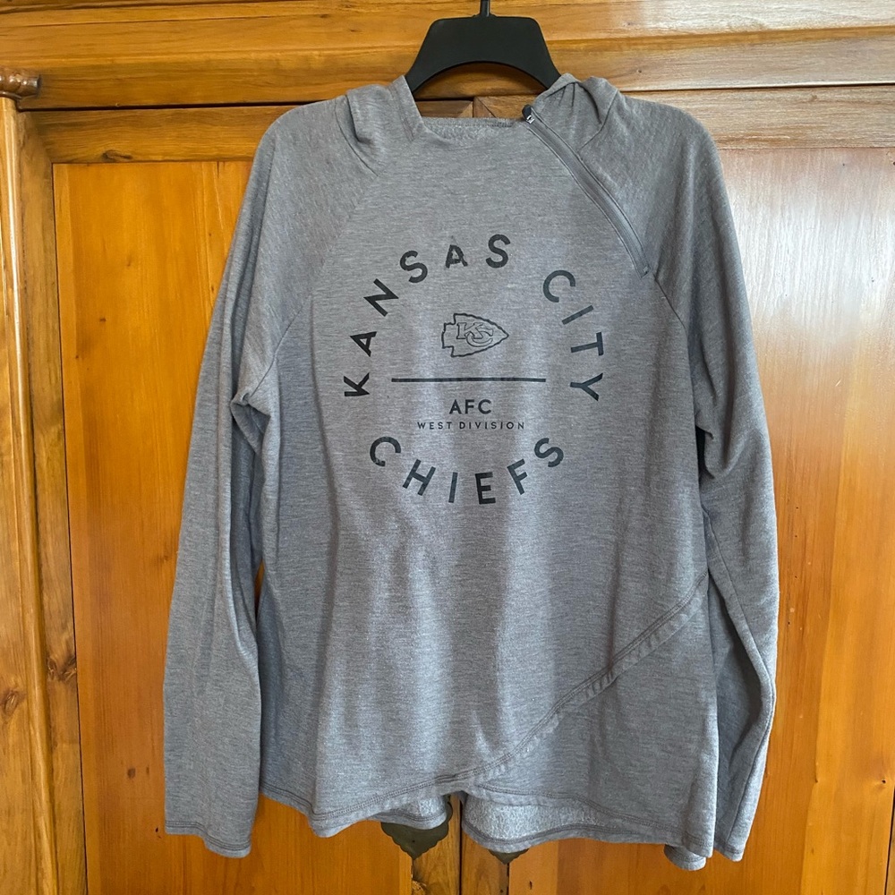 NFL KC Chiefs lightweight gray hoodie sweatshirt. Unique zip/collartunic design